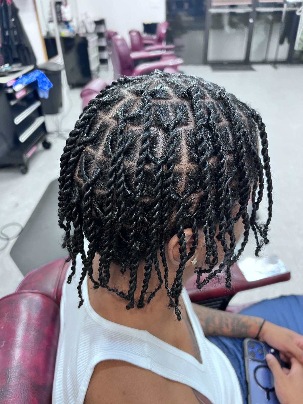 Jumbo feed-in braids with blue accents, back view