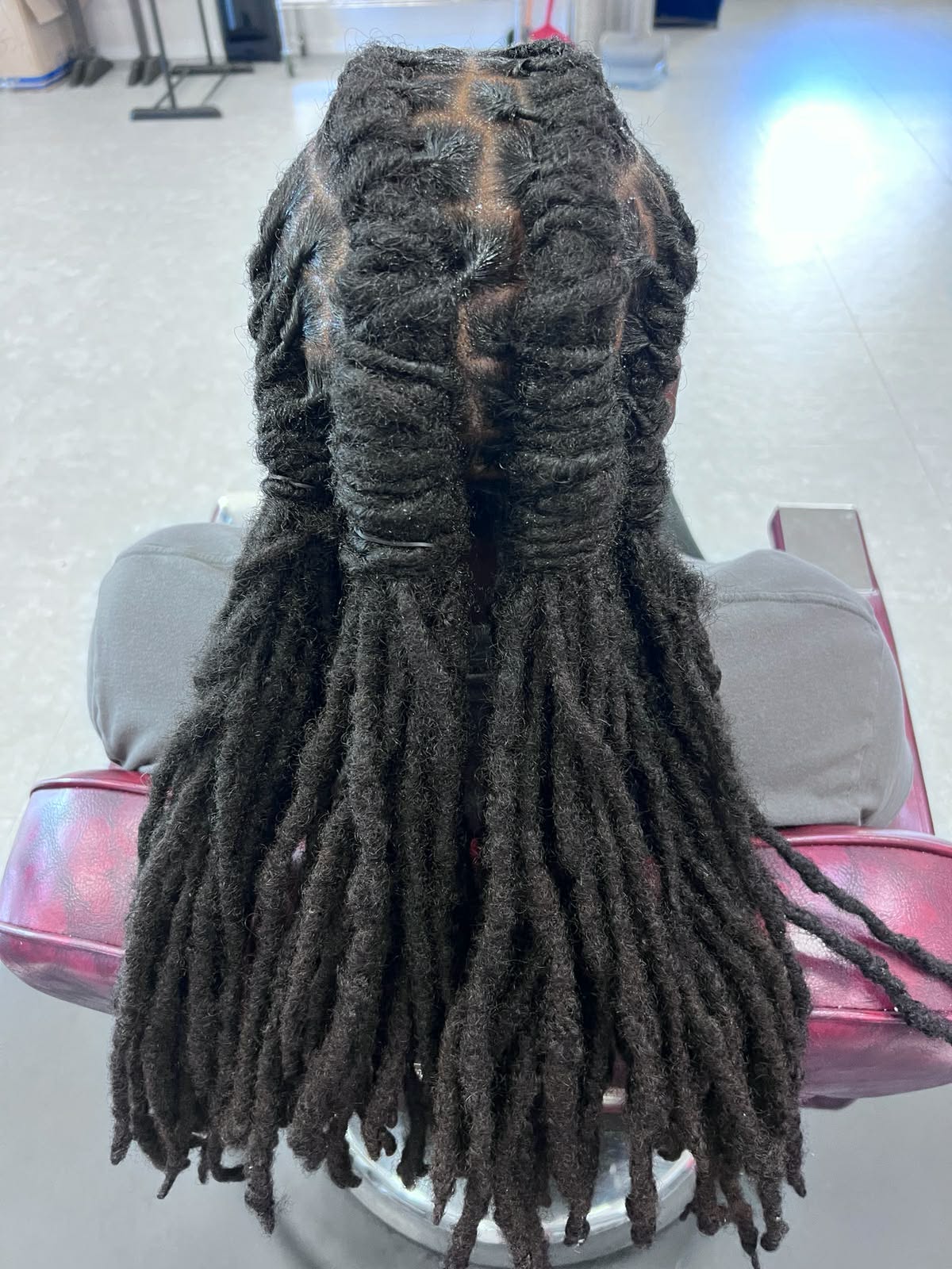 Full mane of mature locs after maintenance, back view