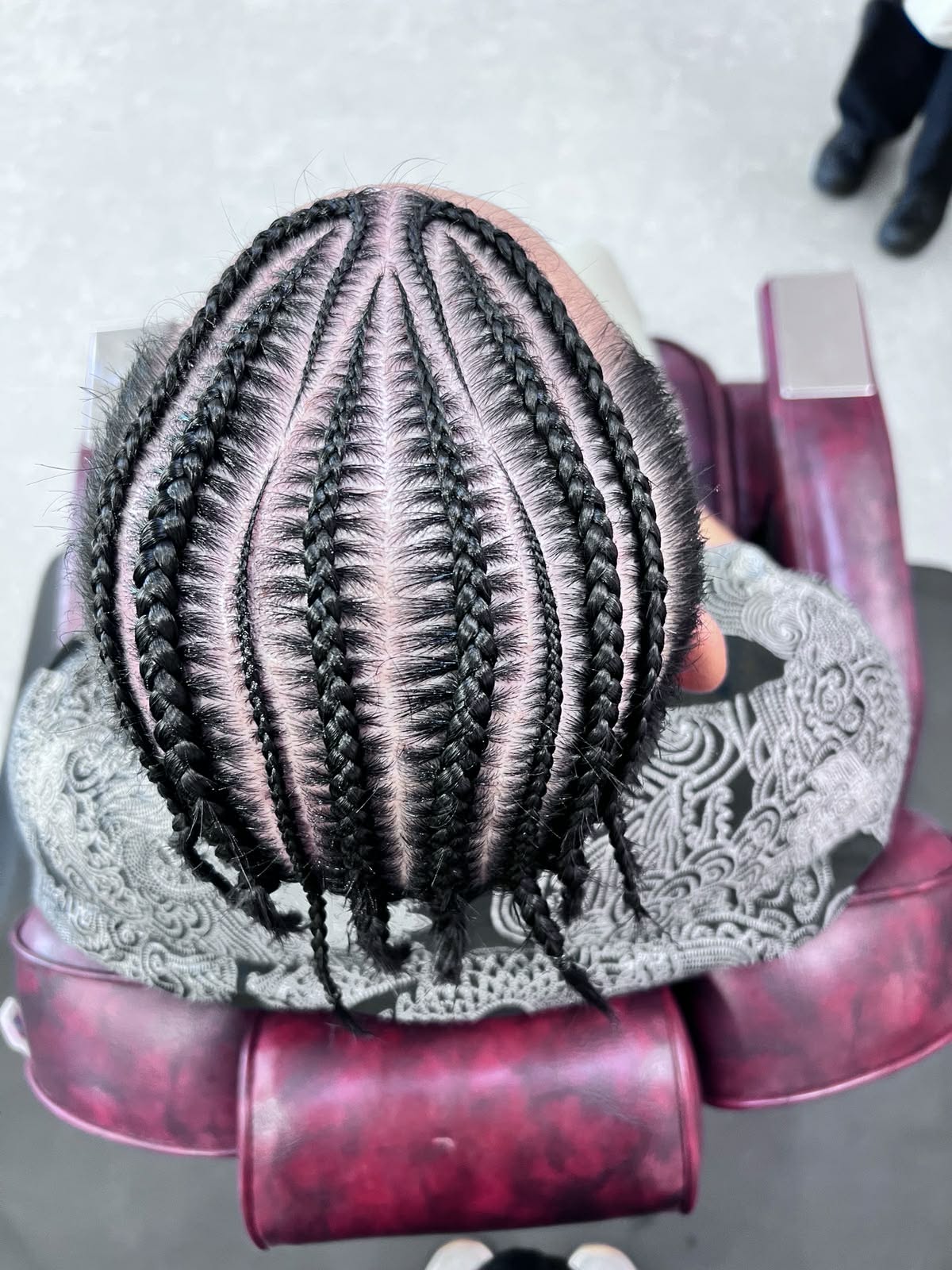 Straight-back cornrows, top view